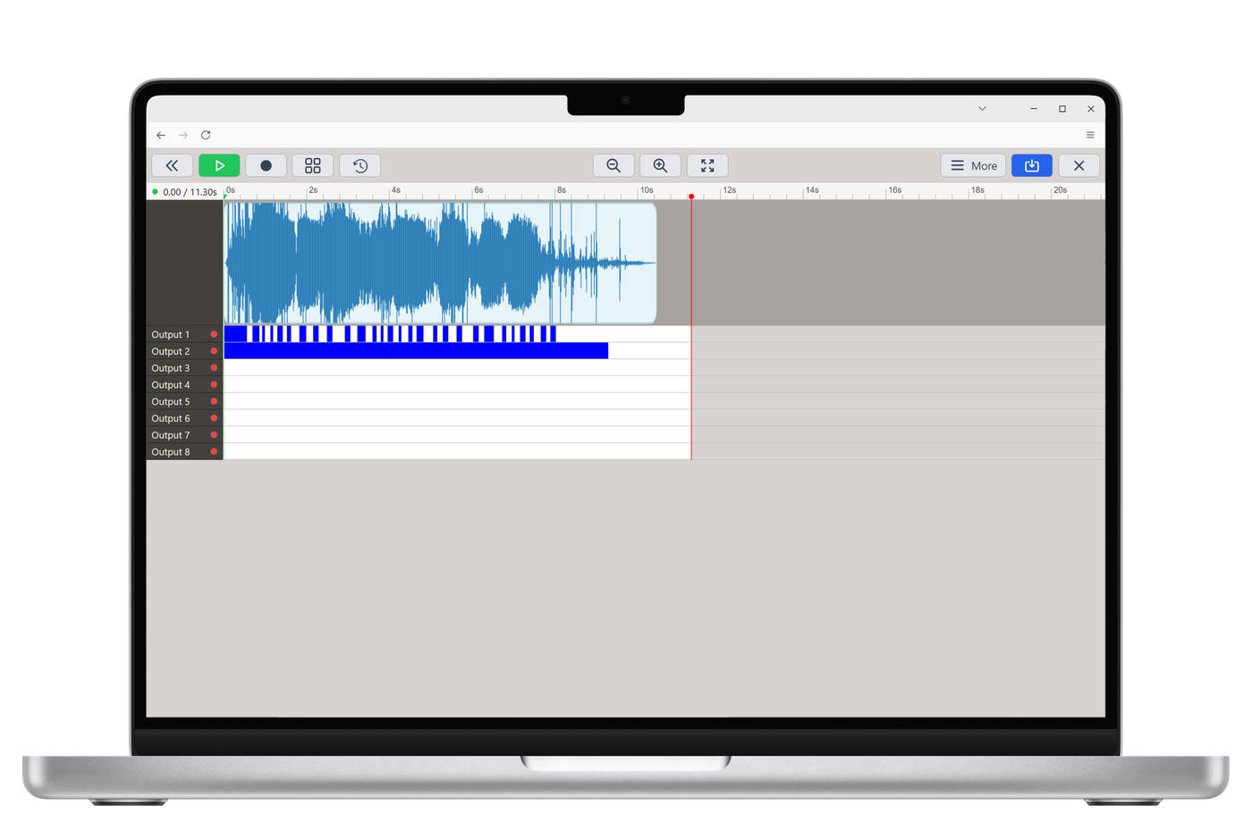 ShowMatic desktop app timeline editor showing an audio waveform above eight output rows